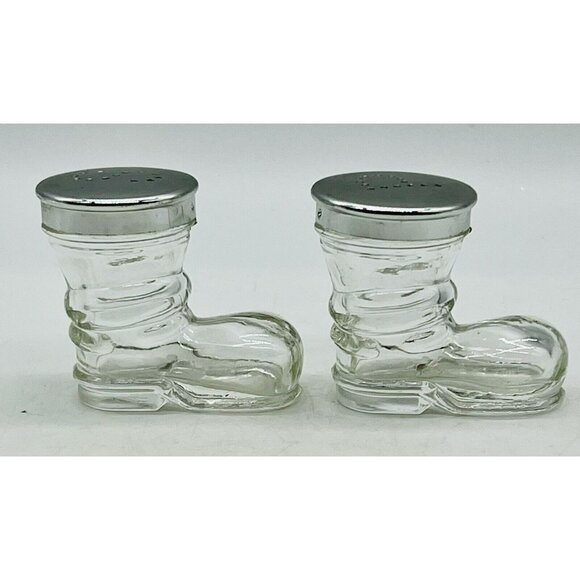 Vintage Clear Glass Boots Shoes Salt Pepper Shaker Set Santa Silver Tops 2 inch - Picture 2 of 8